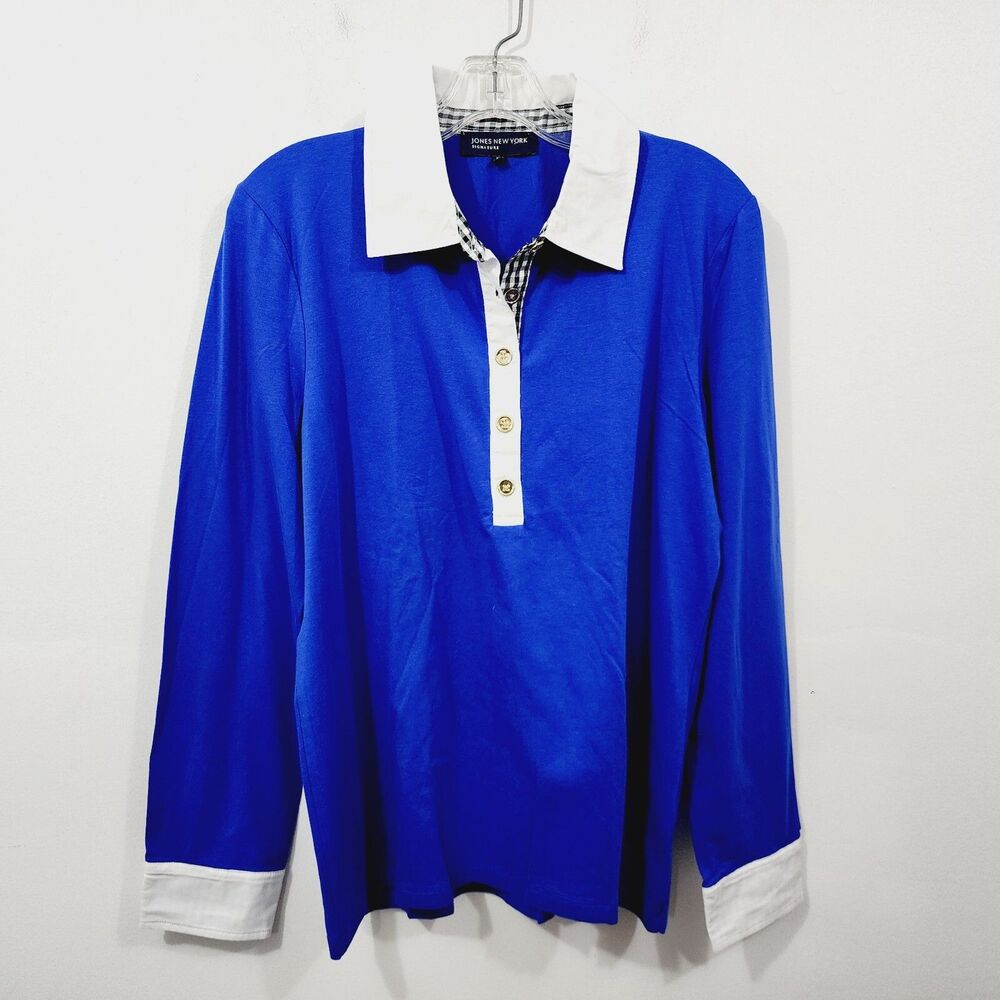 Jones New York Signature Womens Layered-Look Poplin-Trim Knit Top Cobalt Size XL